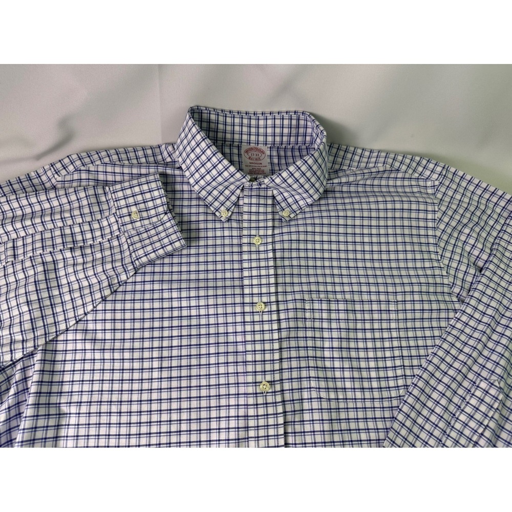 Brooks Brothers Madison Non Iron Men's‎ Button Down Shirt 17 33 White Blue Plaid